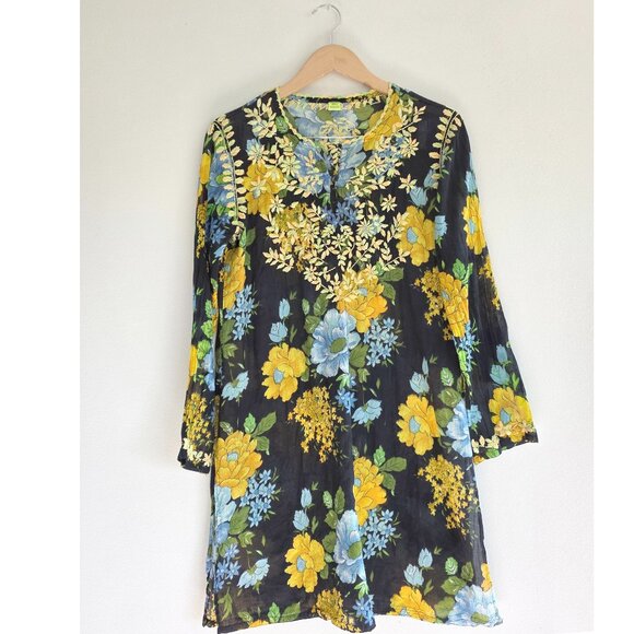 Raj Floral Cotton Caftan with Embroidery, black blue and yellow flowers flowy - Picture 1 of 12